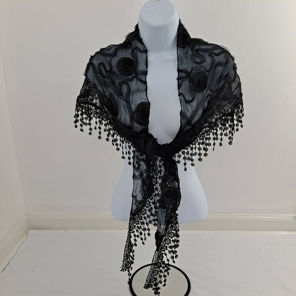 Shawl Sheer Tassel Black Swirl Ribbon Shoulder Cover Triangle 18x74 - Picture 2 of 7